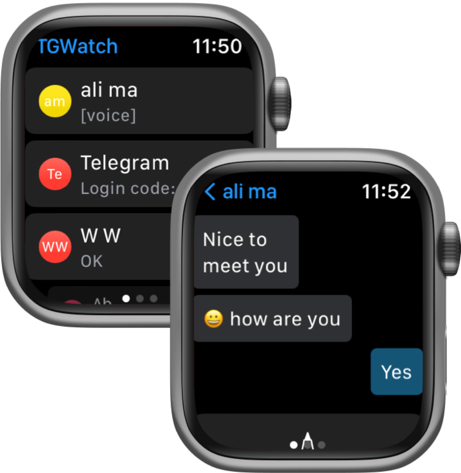 telegram chat list and message detail on apple watch